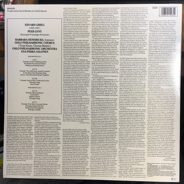 Edvard Grieg / Barbara Hendricks / Oslo Filharmoniske Orkester / Esa-Pekka Salonen : Peer Gynt Excerpts From The Incidental Music (LP, Album)