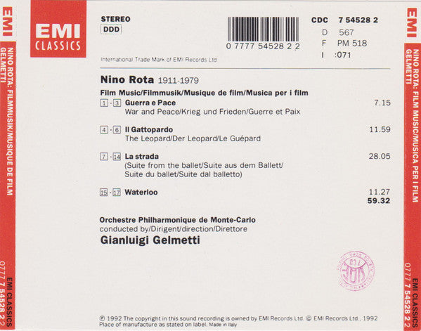 Nino Rota / Orchestre Philharmonique De Monte-Carlo / Gianluigi Gelmetti : Film Music/Musica per i film (CD, Comp)