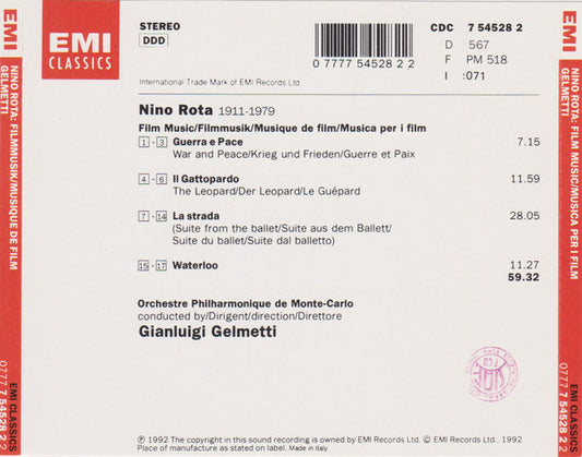 Nino Rota / Orchestre Philharmonique De Monte-Carlo / Gianluigi Gelmetti : Film Music/Musica per i film (CD, Comp)