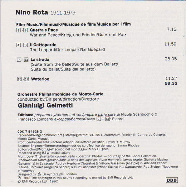 Nino Rota / Orchestre Philharmonique De Monte-Carlo / Gianluigi Gelmetti : Film Music/Musica per i film (CD, Comp)