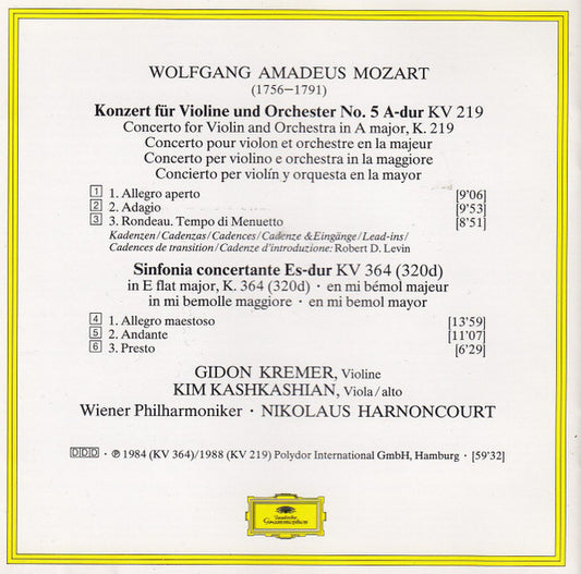 Wolfgang Amadeus Mozart, Gidon Kremer, Kim Kashkashian, Wiener Philharmoniker, Nikolaus Harnoncourt : Violinkonzert No. 5 - Sinfonia Concertante KV 364 (CD, Album)