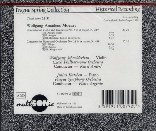Wolfgang Amadeus Mozart : Wolfgang Schneiderhan • Julius Katchen • The Czech Philharmonic Orchestra • The Prague Symphony Orchestra • Karel Ančerl • Pietro Argento : Violin Concerto No. 5 / Piano Concerto No. 23 (CD, Album)