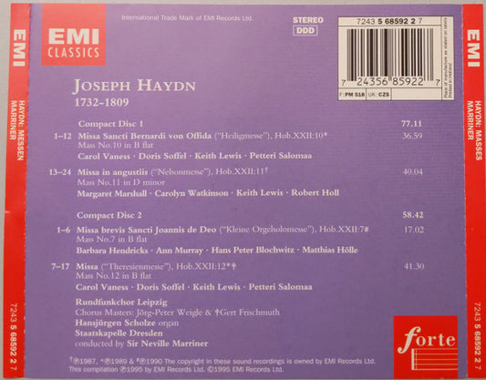 Joseph Haydn / Sir Neville Marriner : Masses: Heiligmesse • Nelsonmesse • Kleine Orgelsolomesse • Theresienmesse (2xCD, Album, Comp, RE)