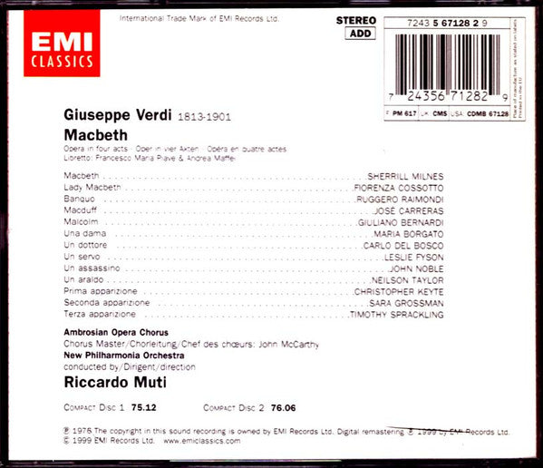 Giuseppe Verdi : Sherrill Milnes, Fiorenza Cossotto, José Carreras, Ruggero Raimondi, New Philharmonia Orchestra, Riccardo Muti : Macbeth  (2xCD, Album, RM)