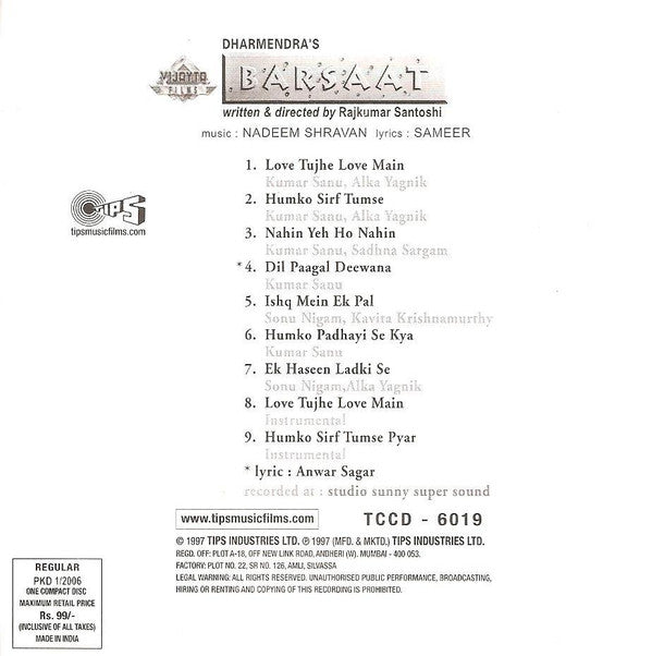 Nadeem Shravan, Sameer : Barsaat (CD, RE)