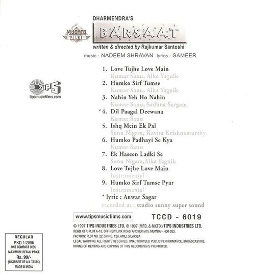Nadeem Shravan, Sameer : Barsaat (CD, RE)