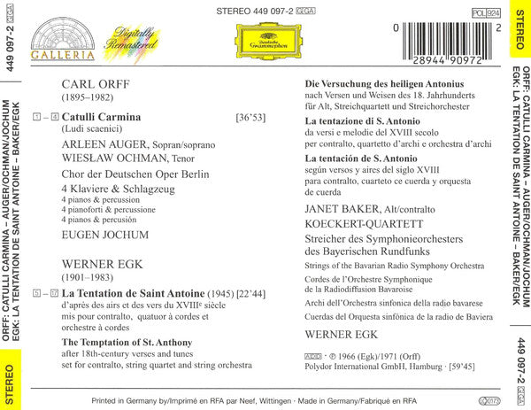 Carl Orff / Werner Egk : Catulli Carmina / La Tentation De Saint Antoine (CD, Comp, RM)