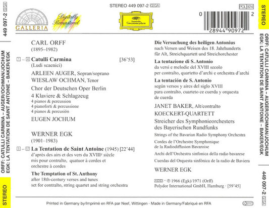 Carl Orff / Werner Egk : Catulli Carmina / La Tentation De Saint Antoine (CD, Comp, RM)