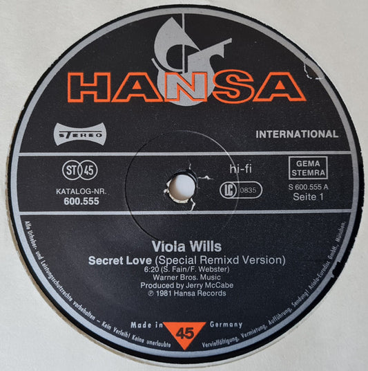 Viola Wills : Secret Love / Let Me Be Your Rock (12", Single)