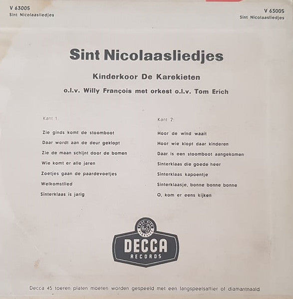 Kinderkoor De Karekieten : Sint Nicolaasliedjes  (7", EP, Mono)