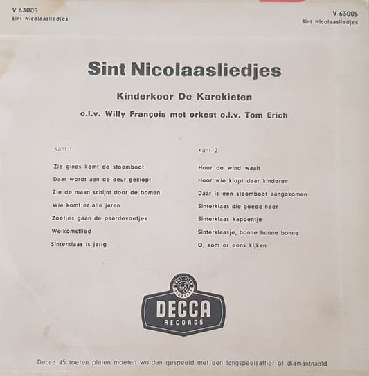 Kinderkoor De Karekieten : Sint Nicolaasliedjes  (7", EP, Mono)