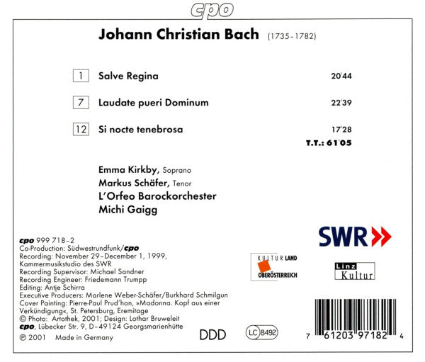 Johann Christian Bach - Emma Kirkby · Markus Schäfer (5) · L'Orfeo Barockorchester · Michi Gaigg : Salve Regina (CD, Album)