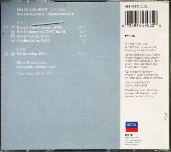 Franz Schubert - Peter Pears • Benjamin Britten : Meisterwerke • Masterworks: Winterreise • Die Schöne Müllerin (2xCD, Comp, RM)