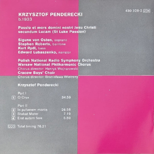 Krzysztof Penderecki, Chór Filharmonii Narodowej, Narodowa Orkiestra Symfoniczna Polskiego Radia, Krzysztof Penderecki : St Luke Passion (CD)