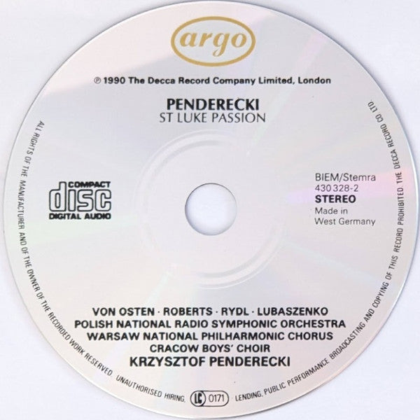 Krzysztof Penderecki, Chór Filharmonii Narodowej, Narodowa Orkiestra Symfoniczna Polskiego Radia, Krzysztof Penderecki : St Luke Passion (CD)