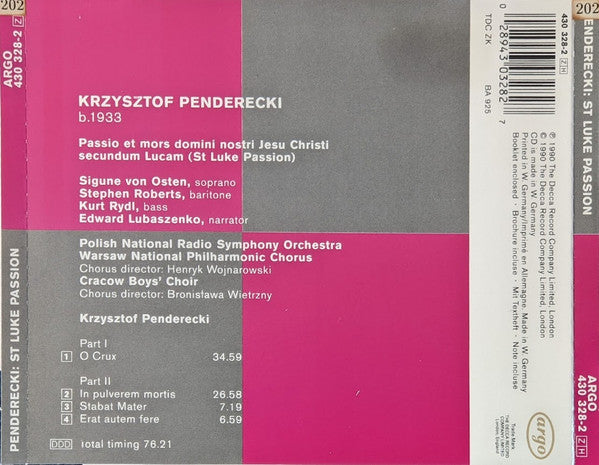 Krzysztof Penderecki, Chór Filharmonii Narodowej, Narodowa Orkiestra Symfoniczna Polskiego Radia, Krzysztof Penderecki : St Luke Passion (CD)