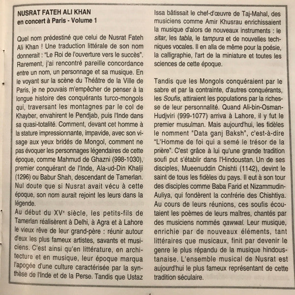 Nusrat Fateh Ali Khan : En Concert À Paris Vol. 1 (CD, Album, RE, RP)