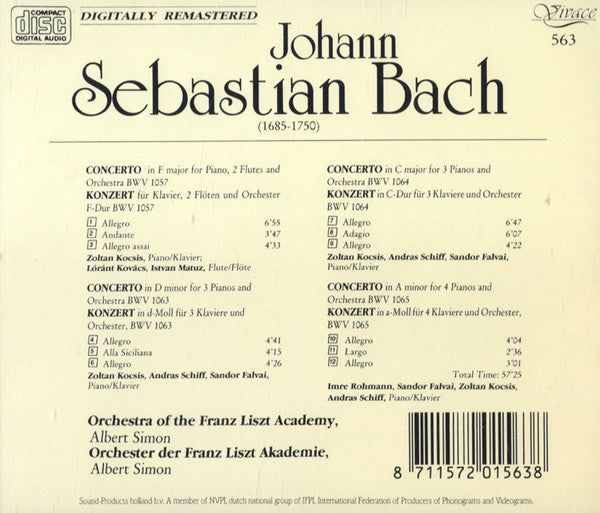 Johann Sebastian Bach - Zoltán Kocsis, András Schiff, Sándor Falvai, Imre Rohmann, Kovács Lóránt, István Matuz, Liszt Ferenc Chamber Orchestra Conducted By Albert Simon : Piano Concertos (CD, Album, RE, RM)