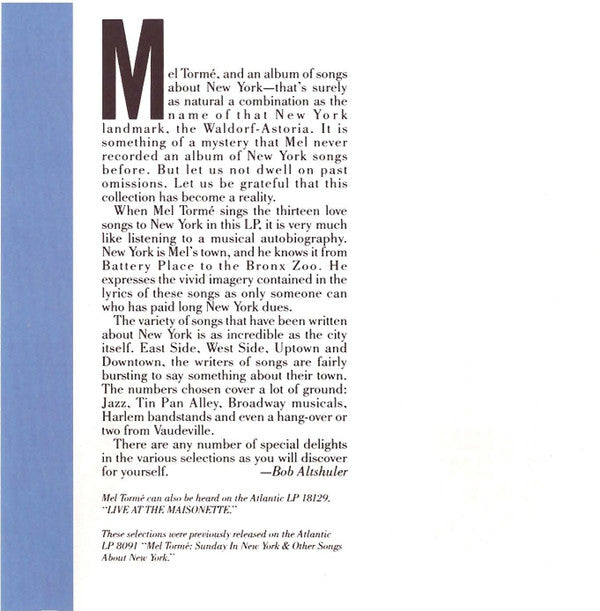 Mel Tormé : Songs Of New York (CD, Album, RE, RM)