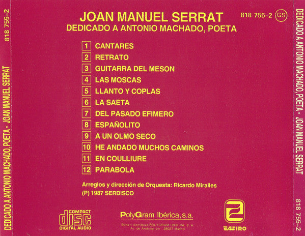 Joan Manuel Serrat : Dedicado A Antonio Machado, Poeta (CD, Album, RE)