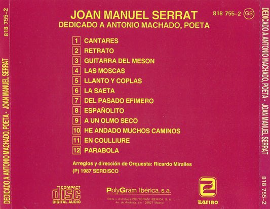 Joan Manuel Serrat : Dedicado A Antonio Machado, Poeta (CD, Album, RE)