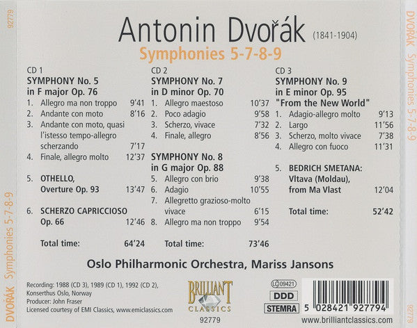 Antonín Dvořák - Oslo Filharmoniske Orkester, Mariss Jansons : Symphonies 5-7-8-9 (3xCD, Comp)