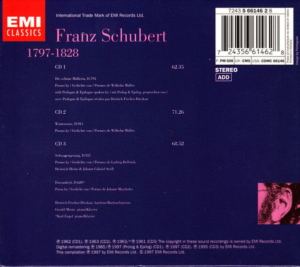 Dietrich Fischer-Dieskau, Gerald Moore, Karl Engel : Die schoene Muellerin / Winterreise / Schwanengesang, Die Einsamkeit D.620 (3xCD, Comp)
