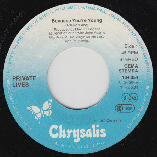 Private Lives : Because You're Young (7", Single)