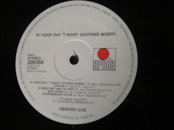 Gerard Cox : Ik Hoop Dat 't Nooit Ochtend Wordt (LP, Album, RE)