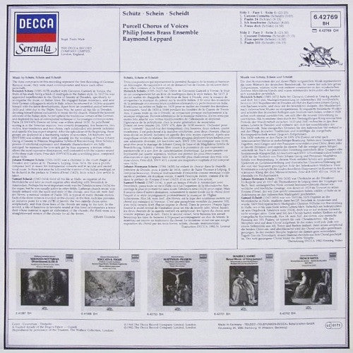 Heinrich Schütz / Johann Hermann Schein / Samuel Scheidt, Raymond Leppard, The Purcell Consort Of Voices, Philip Jones Brass Ensemble : Canzon Cornetto (LP, RE)