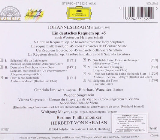 Johannes Brahms - Gundula Janowitz • Eberhard Wächter • Wiener Singverein • Berliner Philharmoniker • Herbert von Karajan : Ein Deutsches Requiem (A German Requiem • Un Requiem Allemand) (CD, Album, RE, RM)