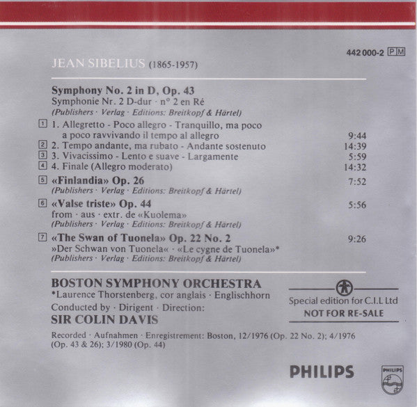 Jean Sibelius - Boston Symphony Orchestra, Sir Colin Davis : Symphony No. 2 • Finlandia • Valse Triste • The Swan Of Tuonela (CD, Album, RM, S/Edition)