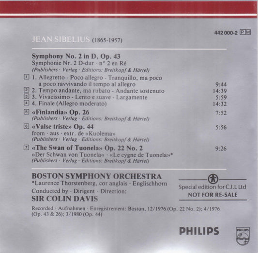 Jean Sibelius - Boston Symphony Orchestra, Sir Colin Davis : Symphony No. 2 • Finlandia • Valse Triste • The Swan Of Tuonela (CD, Album, RM, S/Edition)