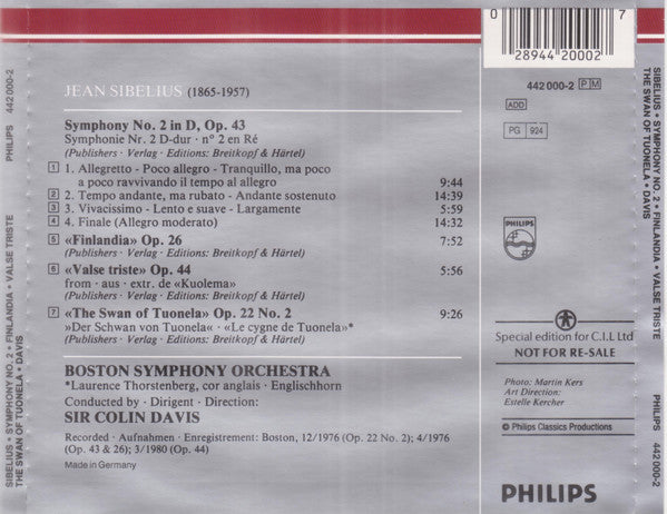 Jean Sibelius - Boston Symphony Orchestra, Sir Colin Davis : Symphony No. 2 • Finlandia • Valse Triste • The Swan Of Tuonela (CD, Album, RM, S/Edition)