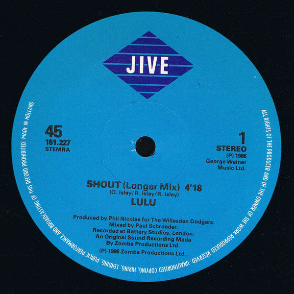 Lulu : Shout (1986 Re-Recording) (12", Maxi)