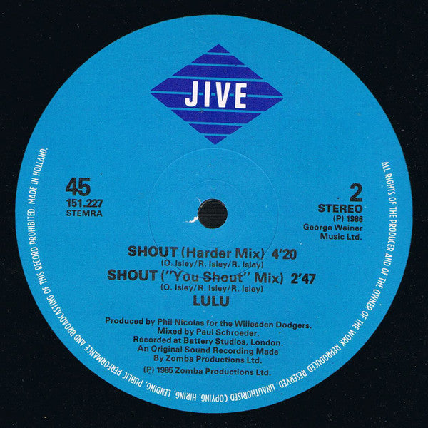 Lulu : Shout (1986 Re-Recording) (12", Maxi)