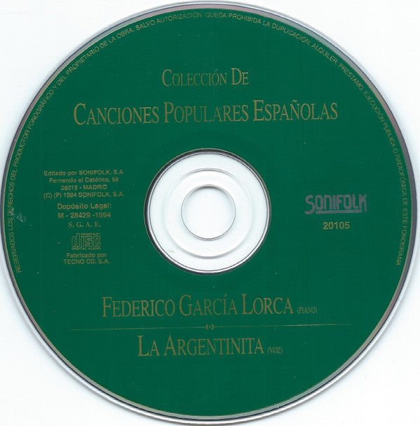 Federico García Lorca & La Argentinita : Colección De Canciones Populares Españolas (CD, Comp)