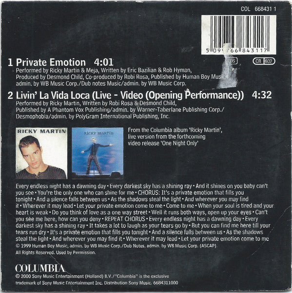 Ricky Martin Featuring Meja : Private Emotion (CD, Single, Car)