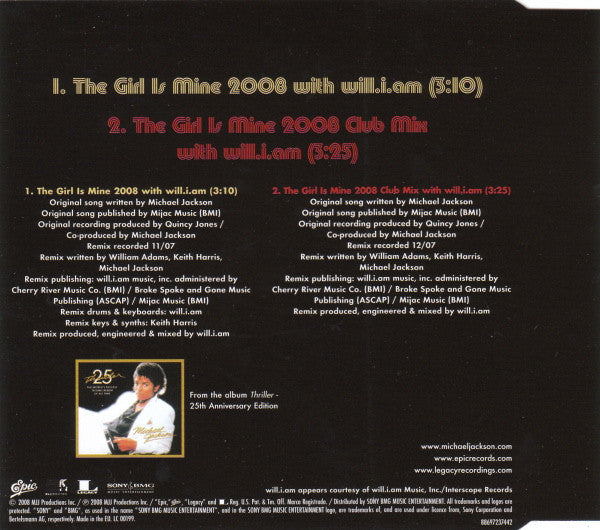 Michael Jackson With Will I Am : The Girl Is Mine 2008 (CD, Single)
