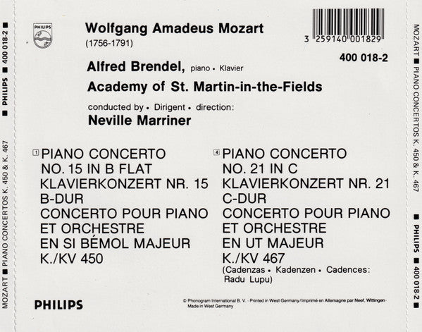 Wolfgang Amadeus Mozart - Alfred Brendel, The Academy Of St. Martin-in-the-Fields, Sir Neville Marriner : Piano Concertos K. 450 & K. 467 Klavierkonzerte (CD, Album, Blu)