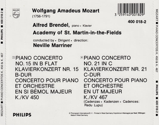 Wolfgang Amadeus Mozart - Alfred Brendel, The Academy Of St. Martin-in-the-Fields, Sir Neville Marriner : Piano Concertos K. 450 & K. 467 Klavierkonzerte (CD, Album, Blu)