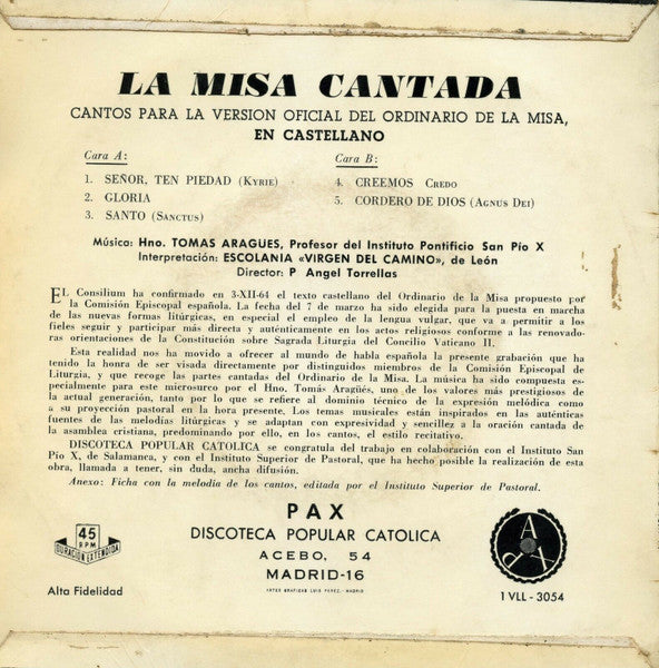 Escolania "Virgen Del Camino" de Leon : La Misa Cantada (7", Single)