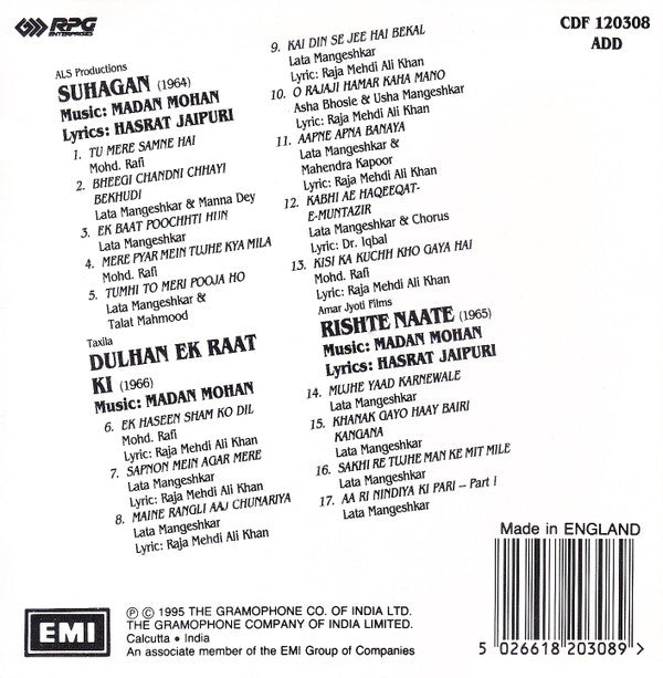 Madan Mohan : Suhagan / Dulhan Ek Raat Ki / Rishte Naate (CD)