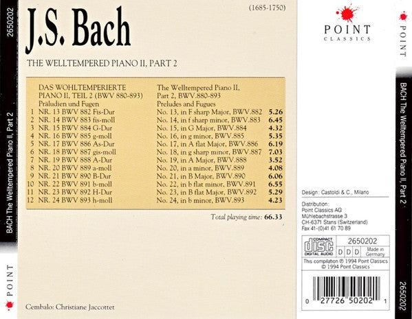 Johann Sebastian Bach, Christiane Jaccottet : The Welltempered Piano II, Part 2 (CD, Album)