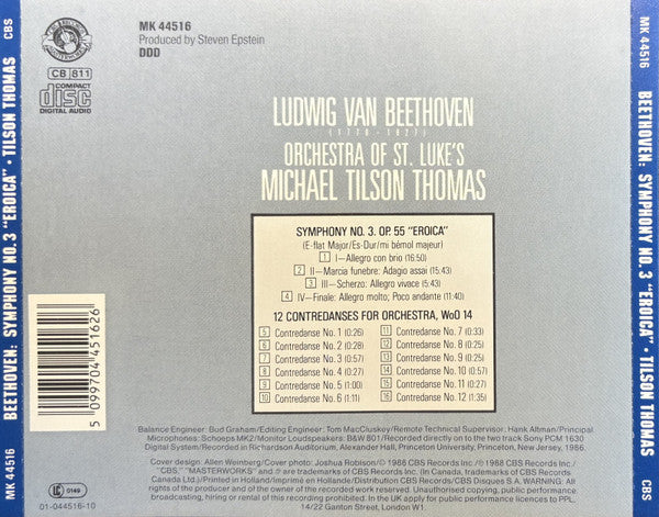 Ludwig van Beethoven - Orchestra Of St. Luke's, Michael Tilson Thomas : Symphony No. 3 Eroica / 12 Contredanses (CD, Album)