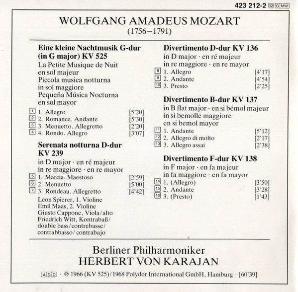 Wolfgang Amadeus Mozart : Herbert von Karajan • Berliner Philharmoniker : La Petite Musique De Nuit / Divertimenti K. 136 • 137 • 138 (CD, Comp, RM)