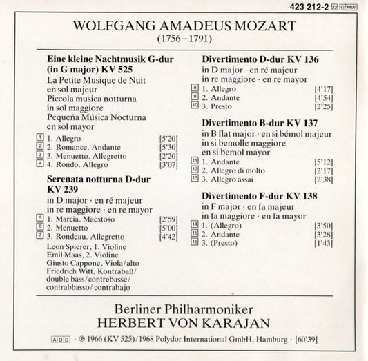 Wolfgang Amadeus Mozart : Herbert von Karajan • Berliner Philharmoniker : La Petite Musique De Nuit / Divertimenti K. 136 • 137 • 138 (CD, Comp, RM)