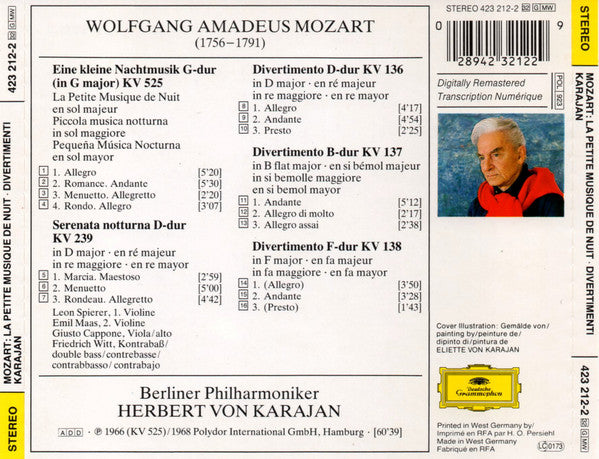 Wolfgang Amadeus Mozart : Herbert von Karajan • Berliner Philharmoniker : La Petite Musique De Nuit / Divertimenti K. 136 • 137 • 138 (CD, Comp, RM)