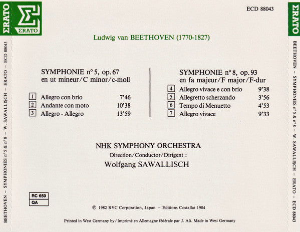 Ludwig van Beethoven, NHK Symphony Orchestra, Wolfgang Sawallisch : Symphonie N° 5 / Symphonie N° 8 (CD, Album, Num)