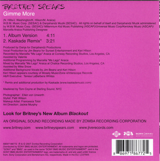 Britney Spears : Gimme More (CD, Single, Car)